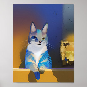 Poster Ilustração de sol ouro de gato azul