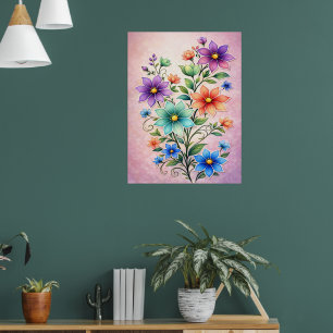 Poster Ilustração de Spray Floral Multicolorido Vibrante