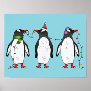 Poster Ilustração de Três Pinguins de Natal Festivos