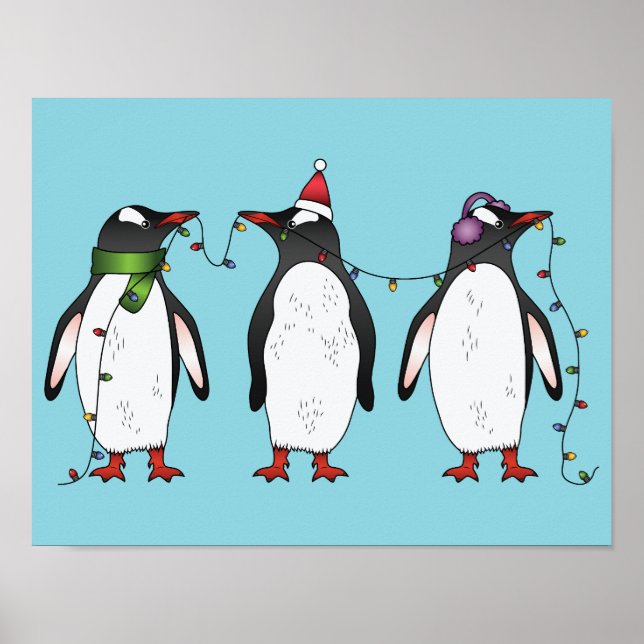 Poster Ilustração de Três Pinguins de Natal Festivos (Frente)