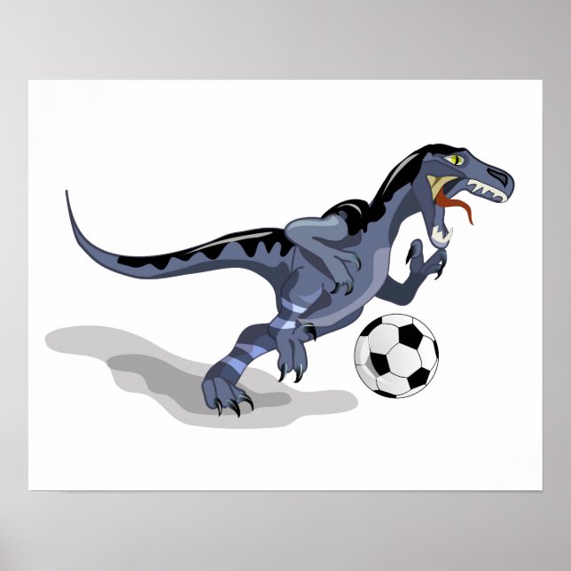 Poster Ilustração De Um Dinossauro Raptor Jogando Futebol (Frente)