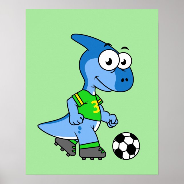 Poster Ilustração De Um Parasaurolofo Jogando Futebol. (Frente)