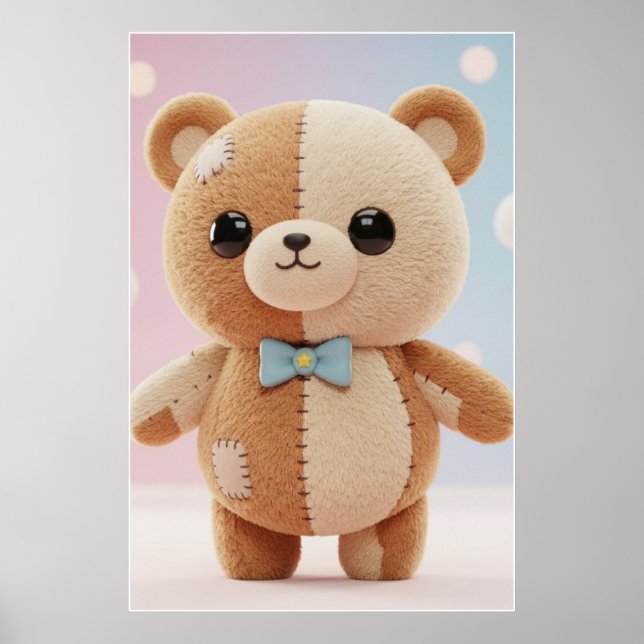 Poster Ilustração de Urso de Pelúcia em Patchwork Fofo em (Frente)