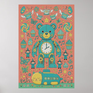 Poster Ilustração de Urso Teddy Ocupado Fofo