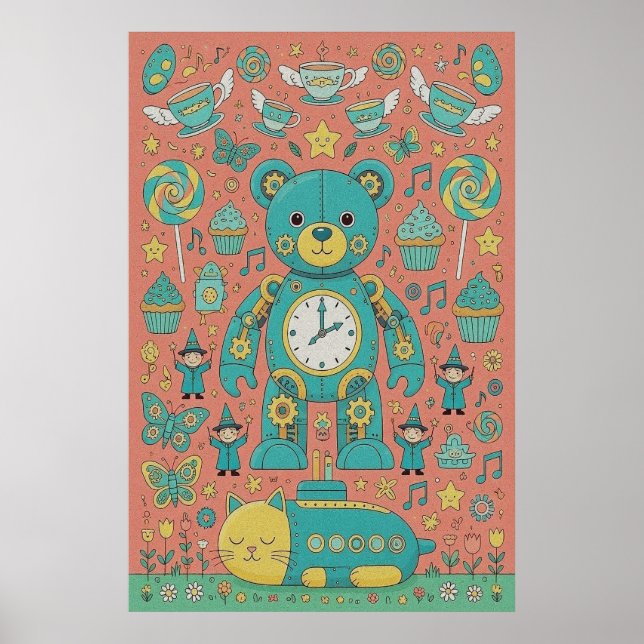Poster Ilustração de Urso Teddy Ocupado Fofo (Frente)