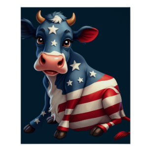 Póster Ilustração de Vaca de Bandeira Americana Patriótic