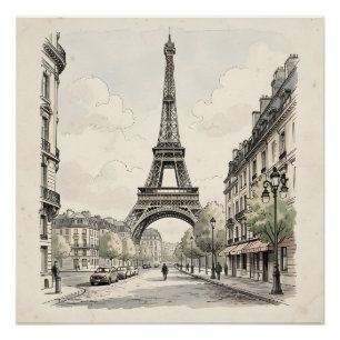Póster Ilustração de viagem antiga vintage de Paris