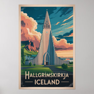 Poster Ilustração de viagem da Hallgrimskirkja na Islândi