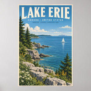 Poster Ilustração de viagem da Lake Erie Arte Vintage
