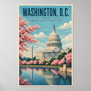 Poster Ilustração de viagem das flores de cerejeira em Wa