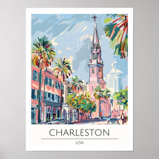 Poster Ilustração de Viagem de Arte Antiga Charleston EUA