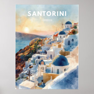Poster Ilustração de Viagem em Aquarela de Santorini