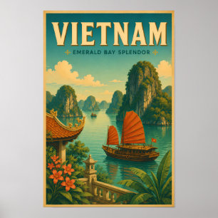 Poster Ilustração de viagem retro da Baía de Ha Long no V