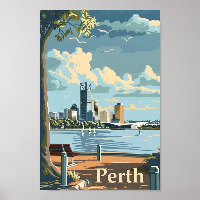 Poster Ilustração de Viagem retrô da Perth Austrália Vint (Frente)