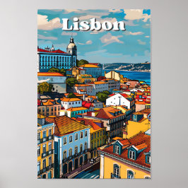 Poster Ilustração de Viagem retrovisor de Lisboa Portugal