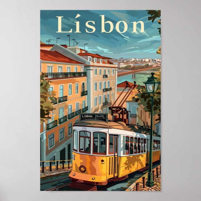 Poster Ilustração de Viagem retrovisor de Lisboa Portugal (Frente)