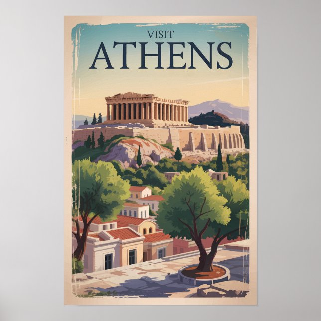 Poster Ilustração de viagem vintage Atenas Grécia (Frente)