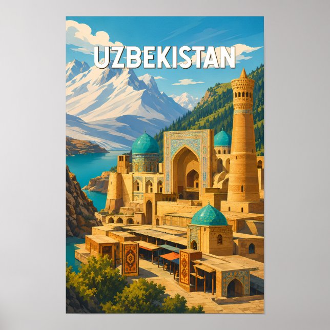 Poster Ilustração de viagem vintage do Uzbequistão (Frente)