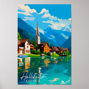 Poster Ilustração de viagens vintage da Áustria Hallstatt