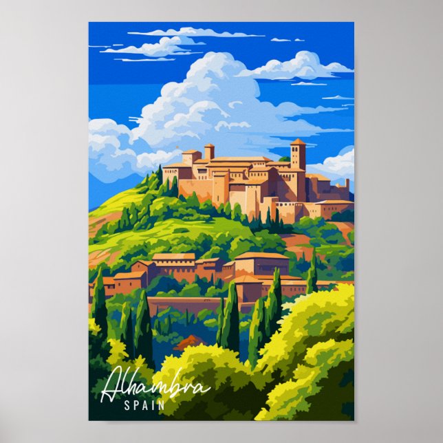 Poster Ilustração de viagens vintage de Espanha Alhambra (Frente)