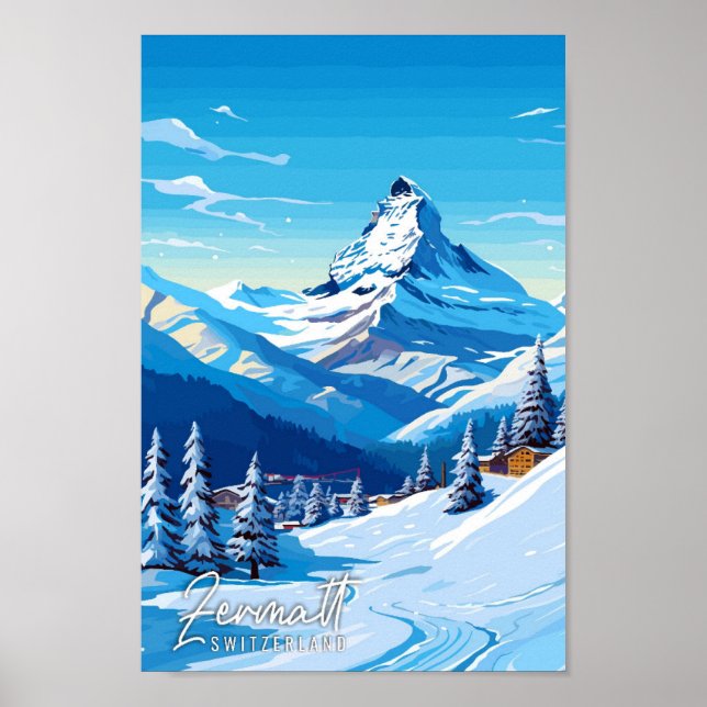 Poster Ilustração de viagens vintage de Suiça Zermatt (Frente)