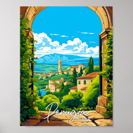 Poster Ilustração de viagens vintage em Perugia Itália
