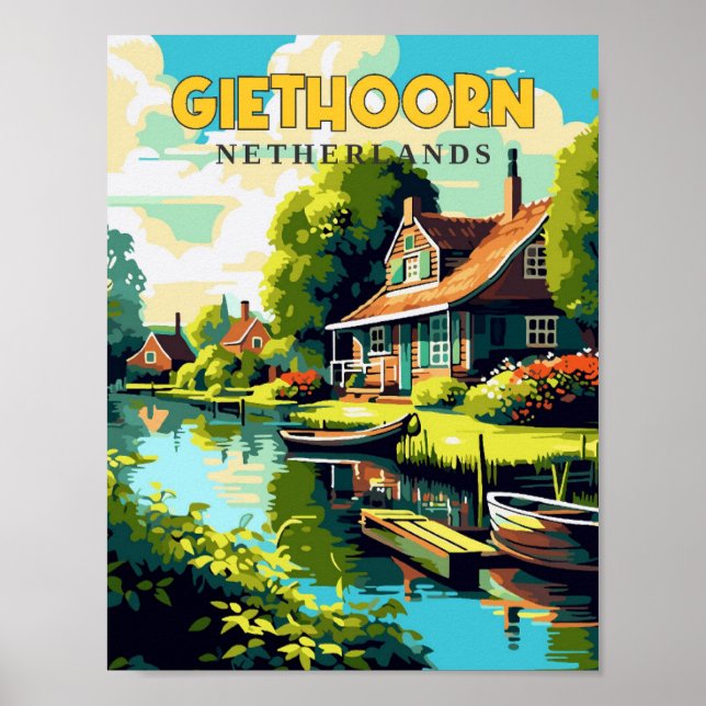 Poster Ilustração de viagens vintage Giethoorn Netherland (Frente)