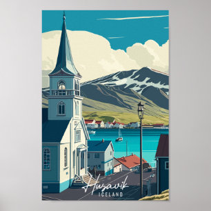 Poster Ilustração de viagens vintage Husavik Islândia