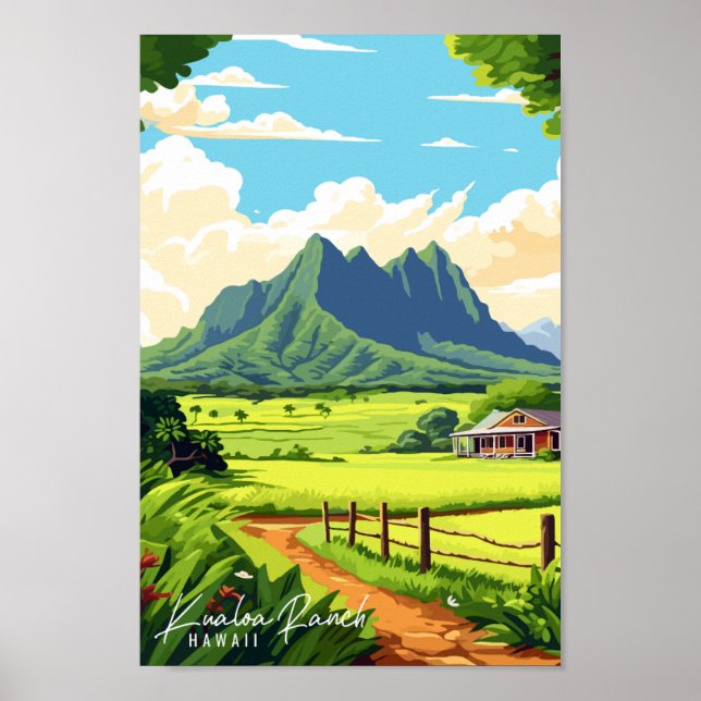 Poster Ilustração de viagens vintage Kualoa Ranch Hawaii (Frente)