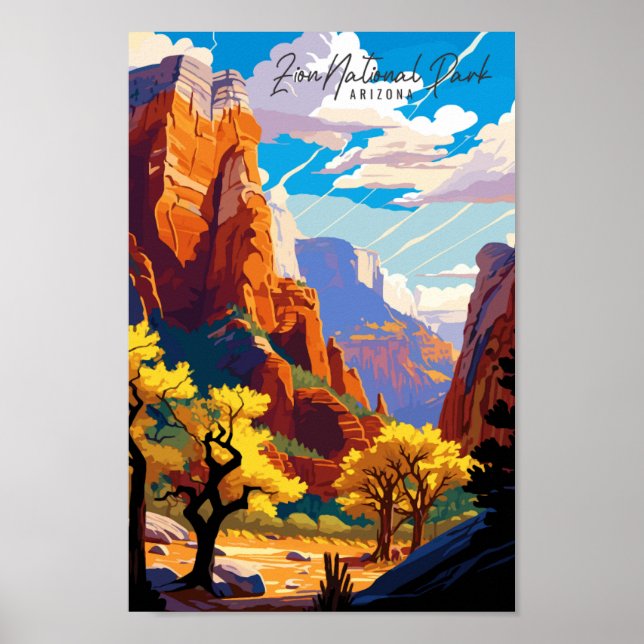 Poster Ilustração de viagens vintage Zion Arizona USA (Frente)