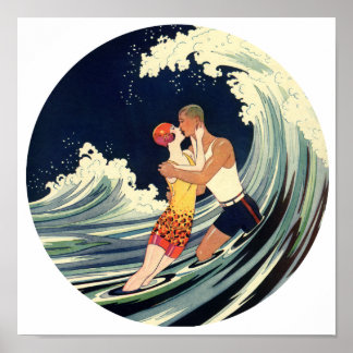 Póster Ilustração de Vintage dos Surfer Lovers Kissing