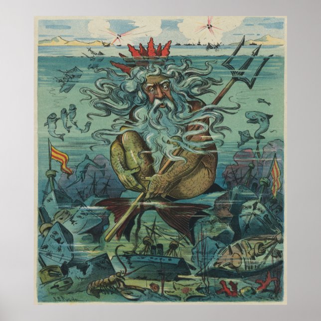 Poster Ilustração de Vintage Poseidon & Sunken ships (Frente)