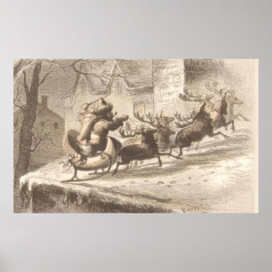 Póster Ilustração de Vintage Santa Claus e Reindeer