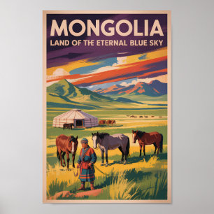 Poster Ilustração de yurt de cavalos da Mongólia Arte de 