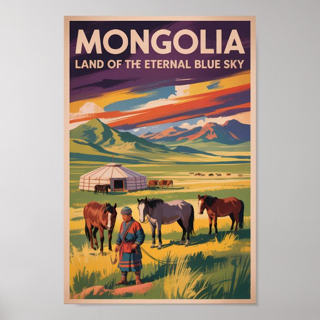 Poster Ilustração de yurt de cavalos da Mongólia Arte de  (Frente)