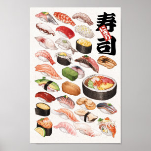 Poster Ilustração Desenhada Pela Mão De Sushi Japonesa