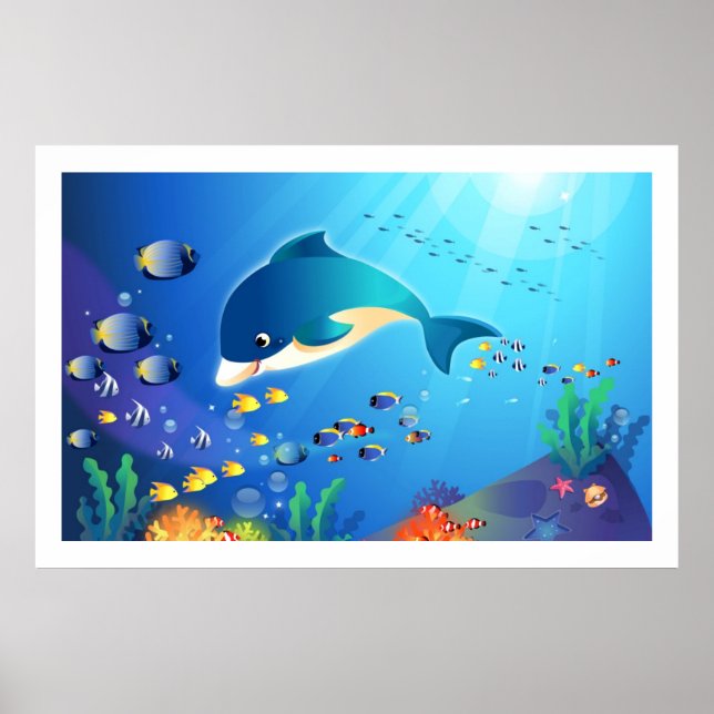 Póster Ilustração Digital Dolphin & Colorful Sea-Life (Frente)