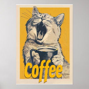 Poster Ilustração Divertida de Gato Café - Gato Bocejando