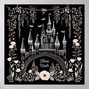 Poster Ilustração do Castelo de Fairytale Negro e Branco