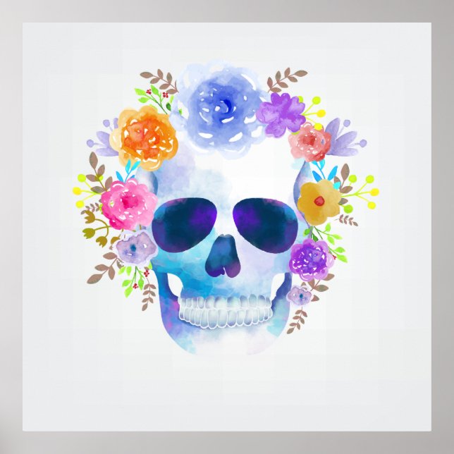Poster Ilustração do crânio floral de aquarela (Frente)