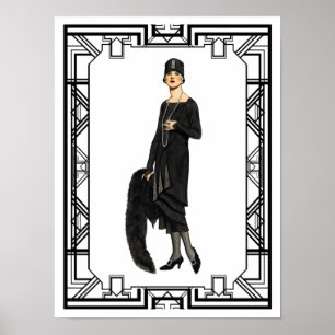 Poster Ilustração do Flapper Preto e Branco da Vintage