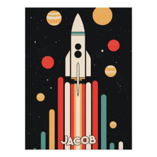 Póster Ilustração do Foguete de Espaço Retroativo