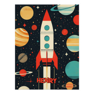 Póster Ilustração do Foguete de Espaço Retroativo