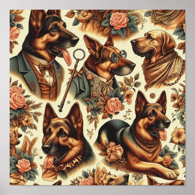 Poster Ilustração do German shepherd Vintage (Frente)