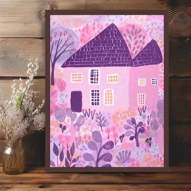 Poster Ilustração do Jardim da Casa de Água Doce (Sweet Watercolor House Garden Illustration Poster
Wall Art Pink Purple)