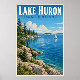 Poster Ilustração do Lago Huron Viagem Arte Vintage