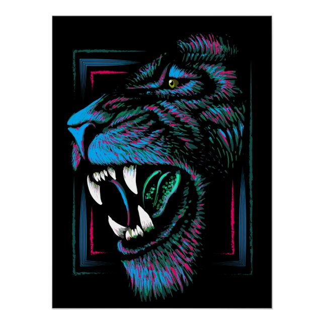 Póster Ilustração do leão azul rosa - Poster brilhante do (Frente)