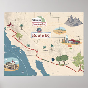 Poster Ilustração do Mapa de Viagem Antigo da Rota 66