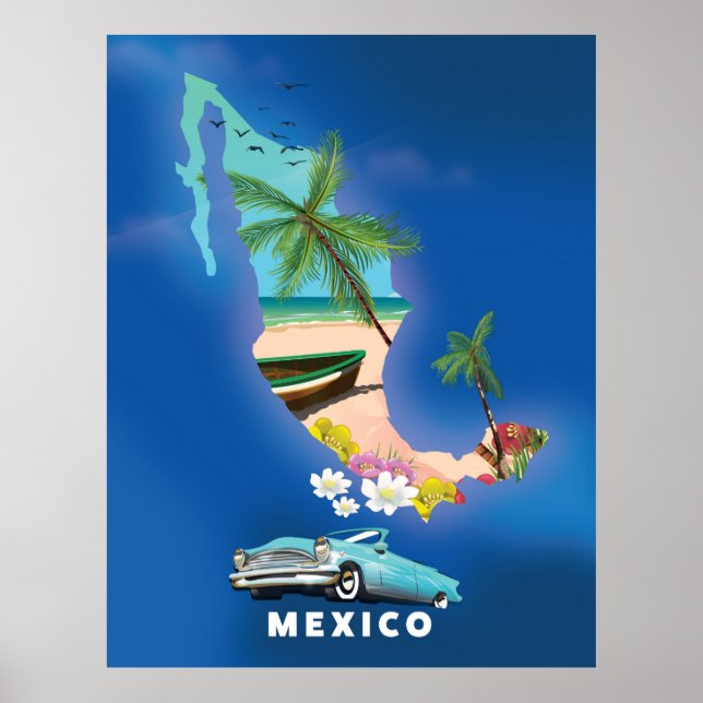 Poster Ilustração do mapa do México pôster de viagem. (Frente)