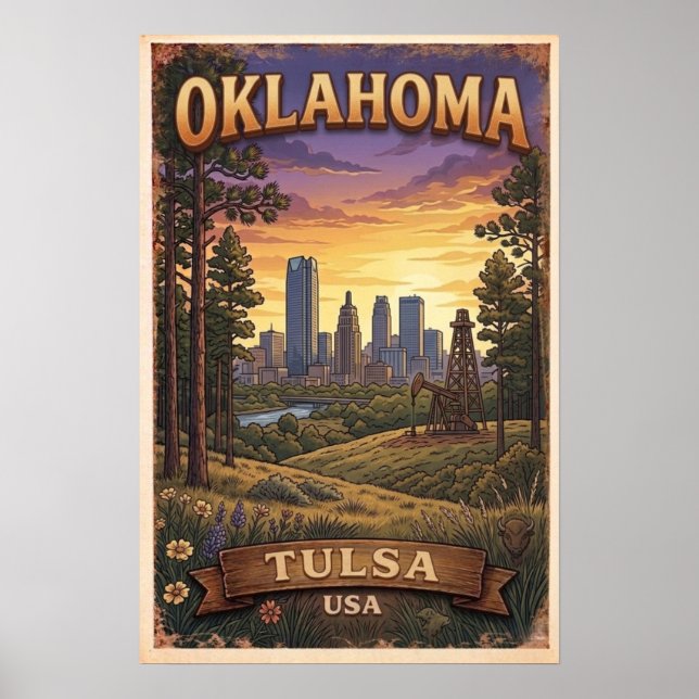 Poster Ilustração do pôr do sol no horizonte de Tulsa (Frente)